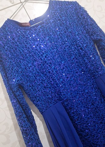 Mavi Uzun Kollu Kadın Abiye Elbise - Görsel 3