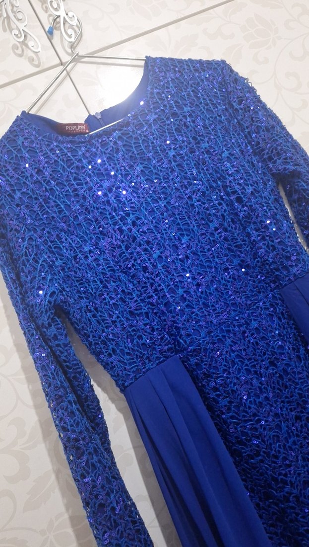 Mavi Uzun Kollu Kadın Abiye Elbise - Görsel 3