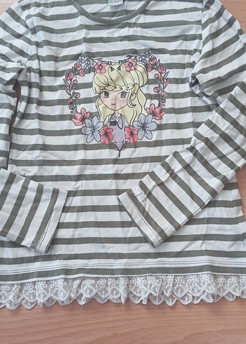 Kız Çocuk Gri Çizgili Uzun Kollu Tişört - Görsel 2