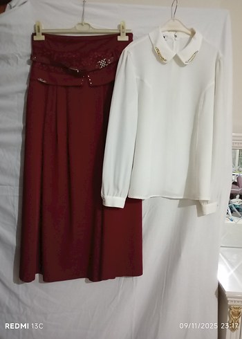 Bordo Kemerli Uzun Kadın Etek ve gömlek - Görsel 2