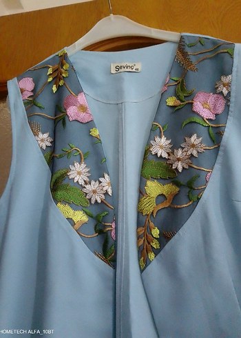 Nakışlı Drapeli Mavi Uzun Kadın Yelek - Görsel 2