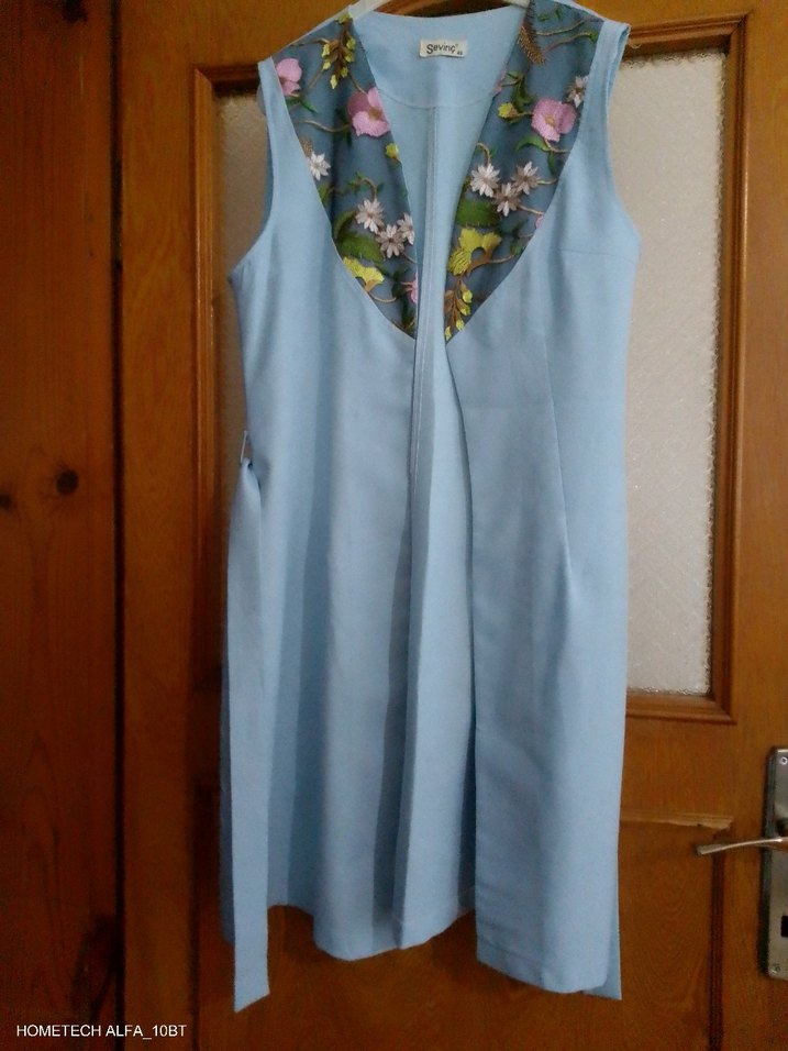 Nakışlı Drapeli Mavi Uzun Kadın Yelek - Görsel 3