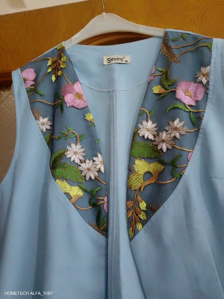 Nakışlı Drapeli Mavi Uzun Kadın Yelek - Görsel 2