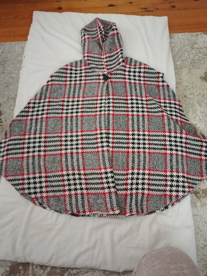 Gri Ekose Düğmeli Midi Kadın panço - Görsel 2