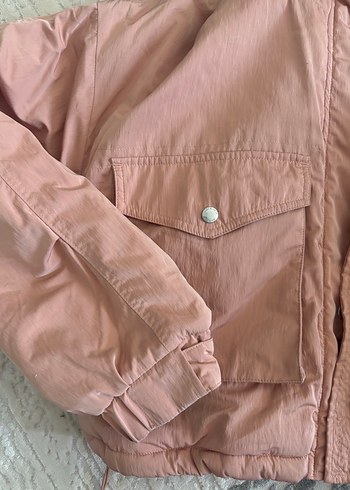 m Beden Peluş Kapüşonlu Pembe Kışlık Kadın Mont