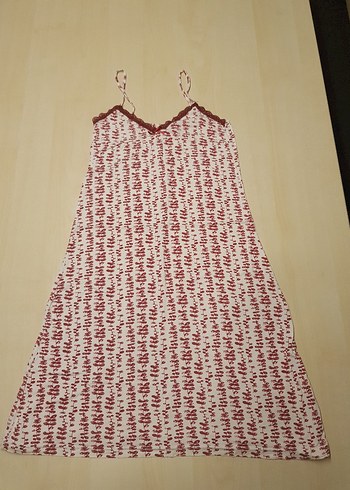 Bordo Desenli Pamuklu İp Askılı Uzun Gecelik - Görsel 3