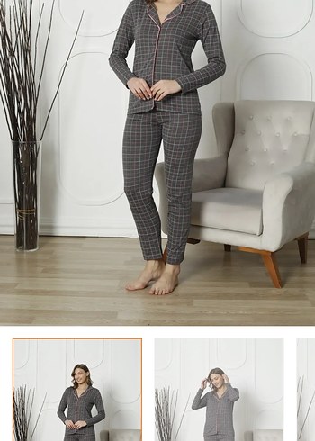 Gri Kareli Uzun Kollu Kadın Pijama Takımı