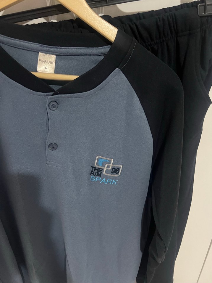 Erkek Uzun Kollu Düğmeli Gri Mavi Pijama Takımı - Görsel 2