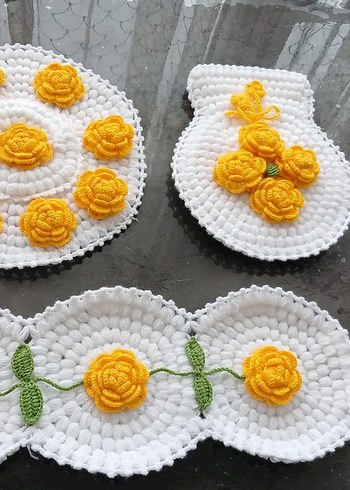 El Örgüsü Beyaz Gri Çiçekli Dekoratif Set - Görsel 3