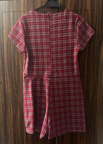 Bordo Kareli Kız Elbise Kısa Kollu - Görsel 3