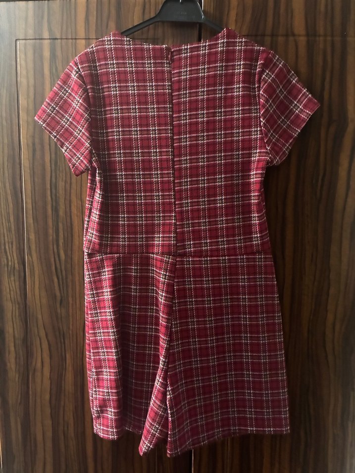 Bordo Kareli Kız Elbise Kısa Kollu - Görsel 3