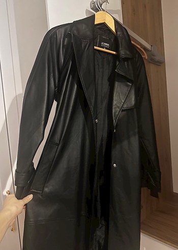 Düğmeli Siyah Deri Uzun Trençkot - Görsel 2