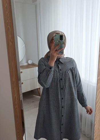 Düğmeli Uzun Kesim Gri Ekose gömlek - Görsel 2