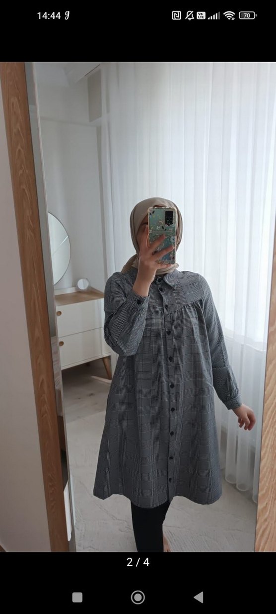 Düğmeli Uzun Kesim Gri Ekose gömlek - Görsel 2