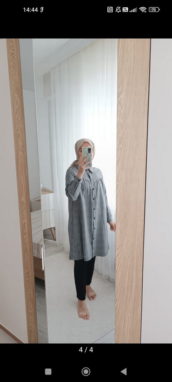 Düğmeli Uzun Kesim Gri Ekose gömlek - Görsel 4