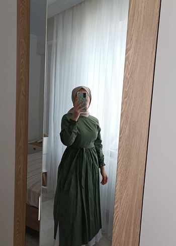 Kadın Haki Uzun Keten Elbise - Görsel 4