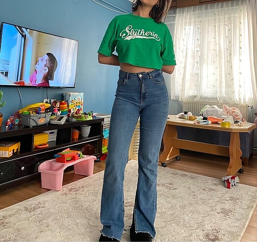 DeFacto Slim Flare Yırtmaçlı Uzun Jean Yıkamalı Pantolon