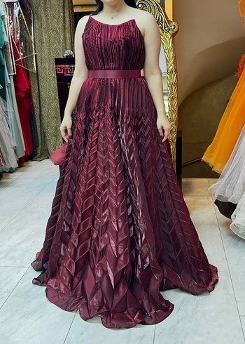 Özel tasarım Bordo Pilili Uzun Abiye Elbise - Görsel 2