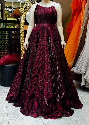 Özel tasarım Bordo Pilili Uzun Abiye Elbise - Görsel 3