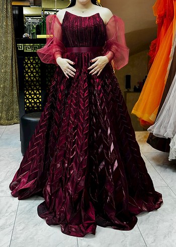 Özel tasarım Bordo Pilili Uzun Abiye Elbise - Görsel 5