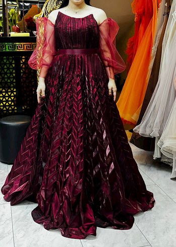 Özel tasarım Bordo Pilili Uzun Abiye Elbise - Görsel 4