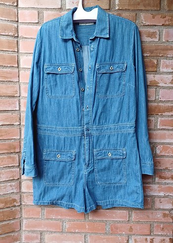 Düğmeli Mavi Denim Sort Tulum,Jumpsuit