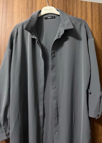 Gri Uzun Kadın Gömlek Elbise - Görsel 2