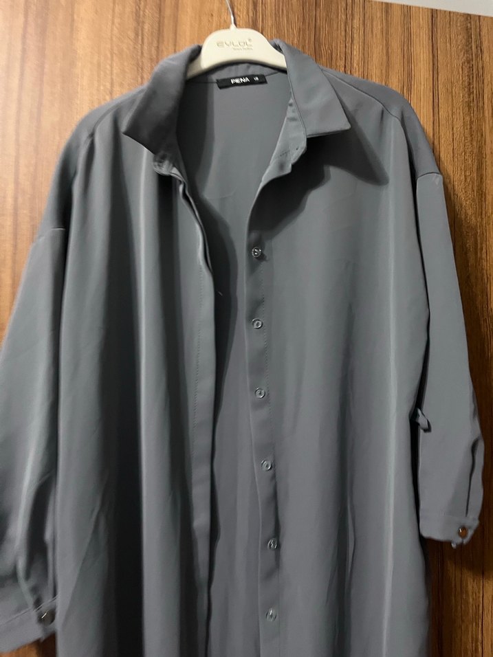 Gri Uzun Kadın Gömlek Elbise - Görsel 2