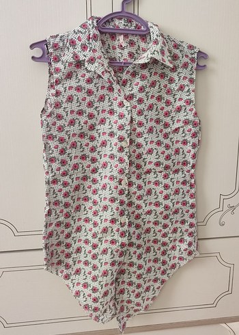 Pembe Çiçek Desenli Kolsuz Pamuklu Gömlek - Görsel 2