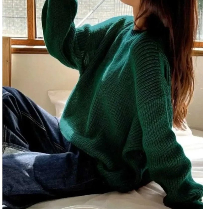 Kadın Yeşil Triko Salaş Kazak - Görsel 2