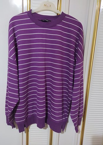 Mor Çizgili Uzun Kollu Salaş sweatshirt - Görsel 2