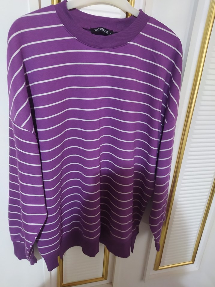 Mor Çizgili Uzun Kollu Salaş sweatshirt - Görsel 3