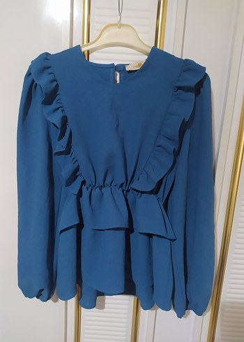 Uzun Kollu Fırfırlı Mavi Bluz - Görsel 2