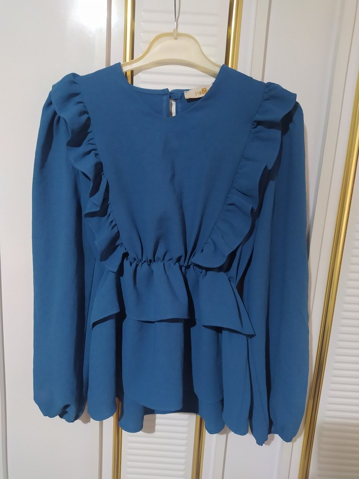 Uzun Kollu Fırfırlı Mavi Bluz - Görsel 2