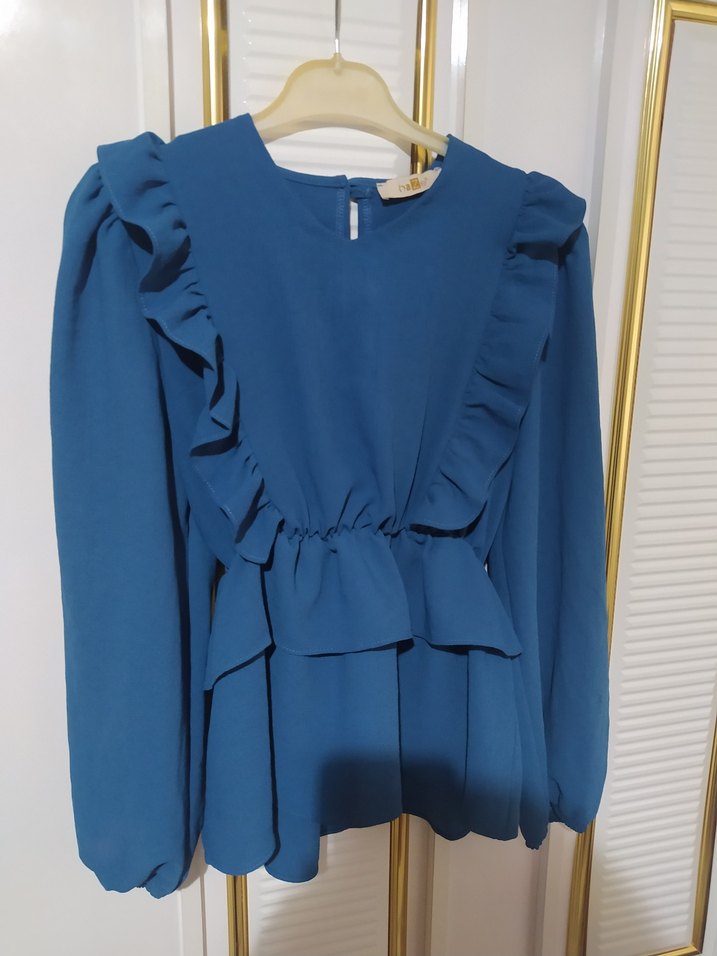 Uzun Kollu Fırfırlı Mavi Bluz - Görsel 3