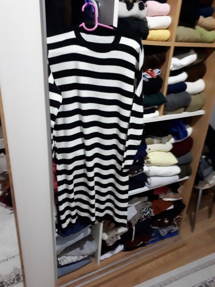 Uzun Kollu Siyah Beyaz Çizgili Triko tunik - Görsel 3