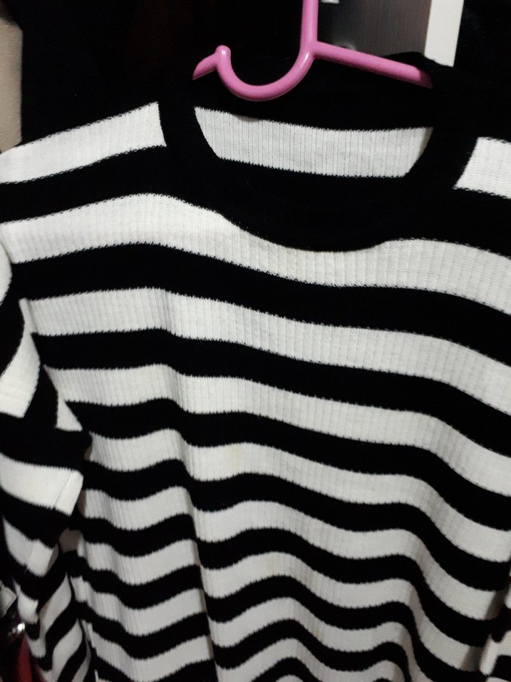 Uzun Kollu Siyah Beyaz Çizgili Triko tunik - Görsel 2