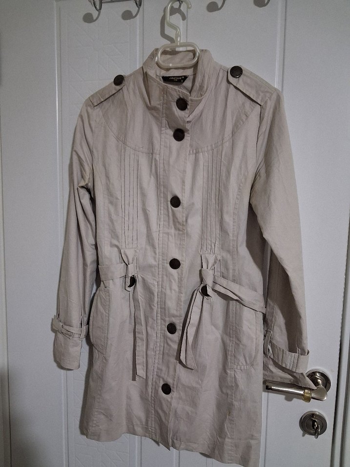 Bej Düğmeli Midi Keten Kadın Trençkot - Görsel 2