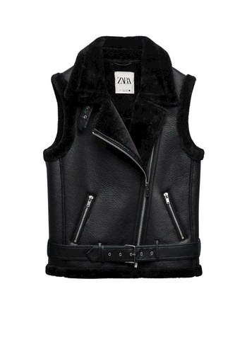 Zara Siyah Kadın Deri Kürklü Biker Yelek