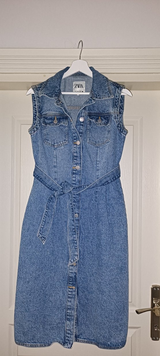 Kemerli Mavi Kot Midi Elbise - Görsel 2