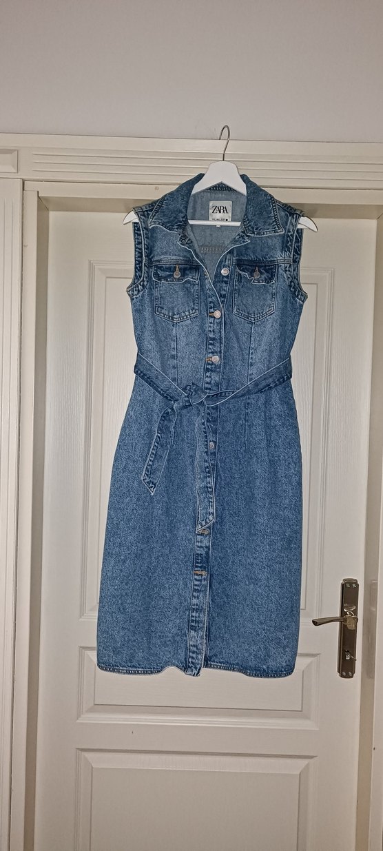 Kemerli Mavi Kot Midi Elbise - Görsel 3