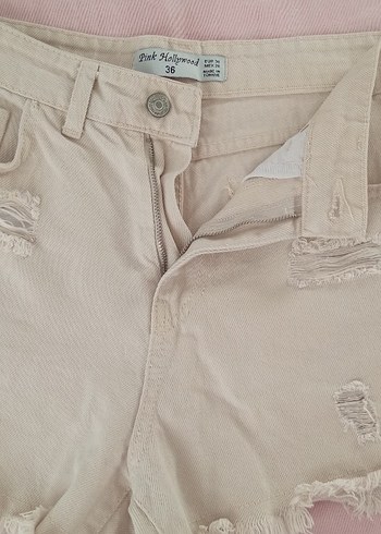 Bej Kadın Mini Kot Şort Düğmeli - Görsel 2