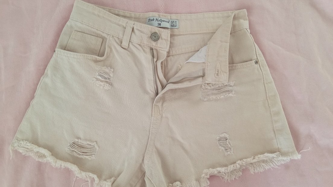 Bej Kadın Mini Kot Şort Düğmeli - Görsel 2