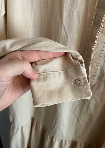 Bej Keten Uzun Kollu Büzgülü Elbise - Görsel 4