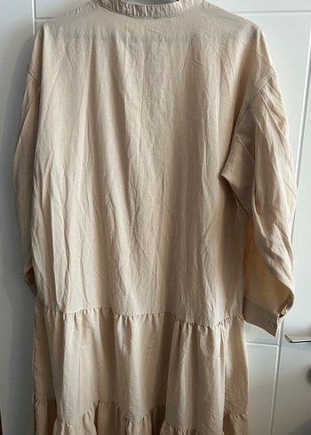 Bej Keten Uzun Kollu Büzgülü Elbise - Görsel 6