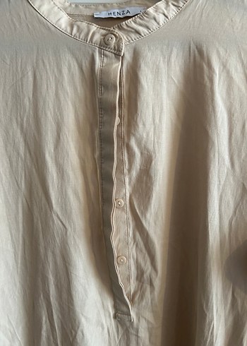 Bej Keten Uzun Kollu Büzgülü Elbise - Görsel 2