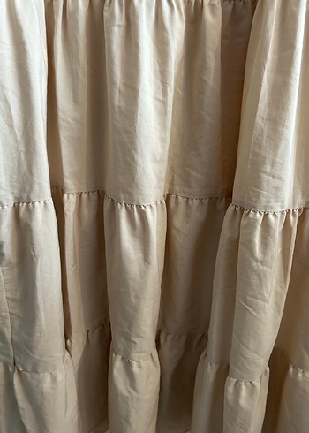 Bej Keten Uzun Kollu Büzgülü Elbise - Görsel 5