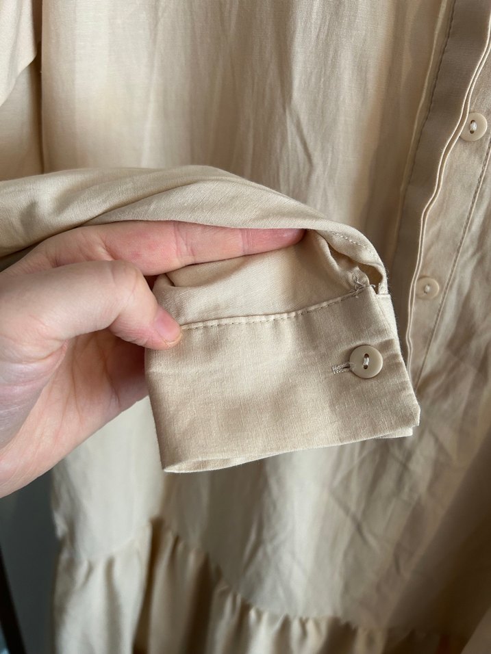 Bej Keten Uzun Kollu Büzgülü Elbise - Görsel 4