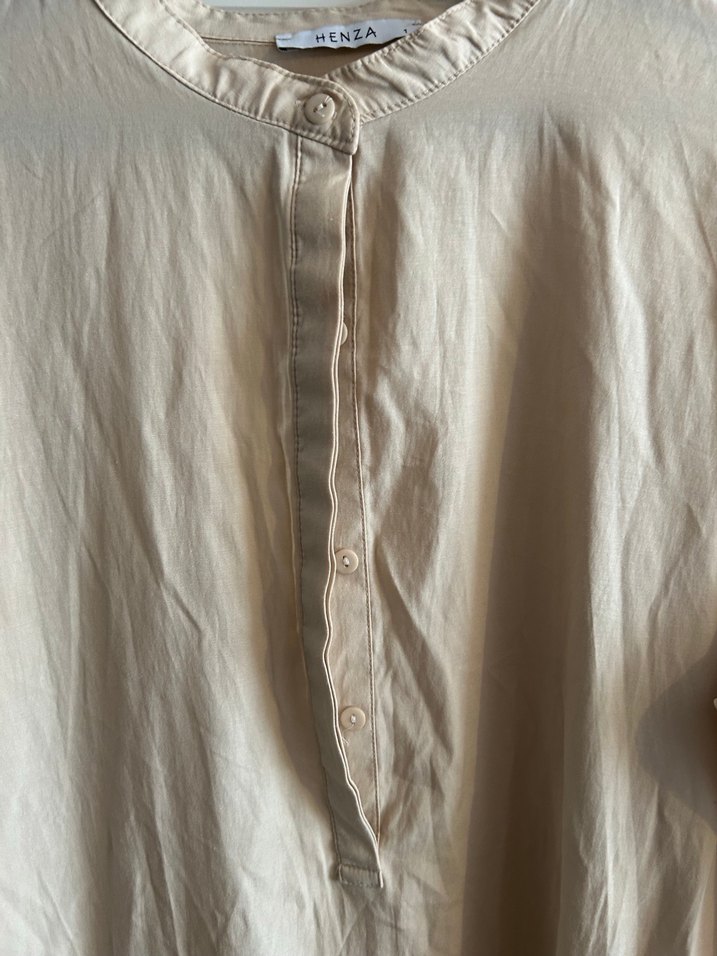 Bej Keten Uzun Kollu Büzgülü Elbise - Görsel 2