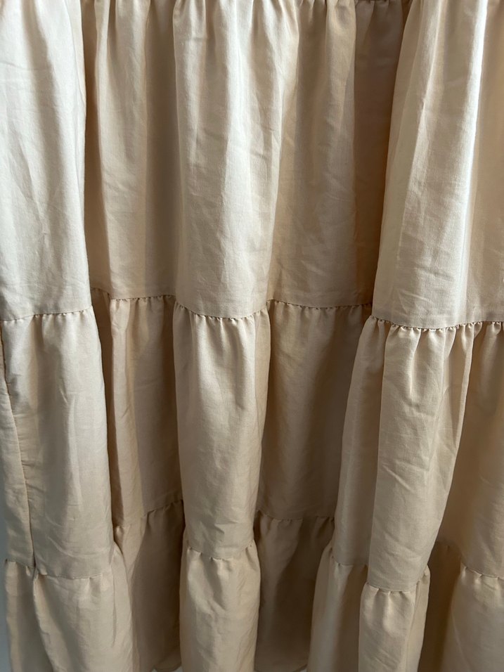 Bej Keten Uzun Kollu Büzgülü Elbise - Görsel 5